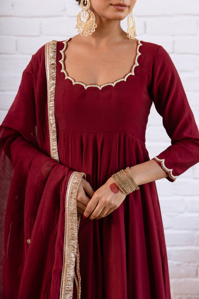 Noorani Maroon Solid Anarkali Set