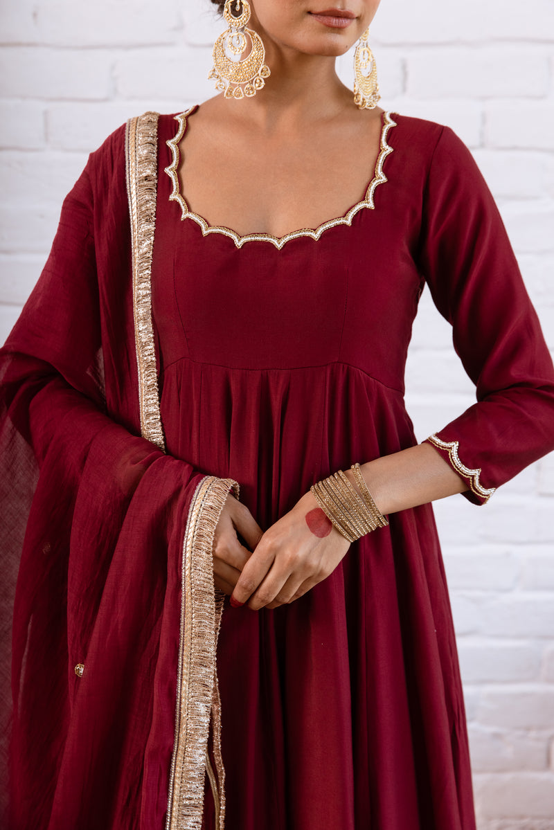 Noorani Maroon Solid Anarkali Set