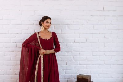 Noorani Maroon Solid Anarkali Set