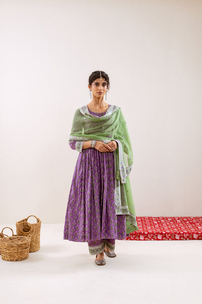 Bahara Purple Hand Block Anarkali Set
