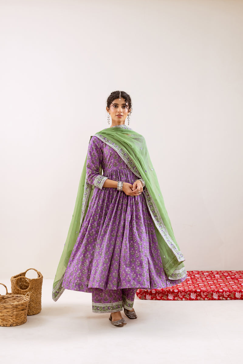 Bahara Purple Hand Block Anarkali Set