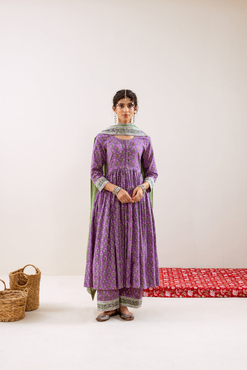 Bahara Purple Hand Block Anarkali Set