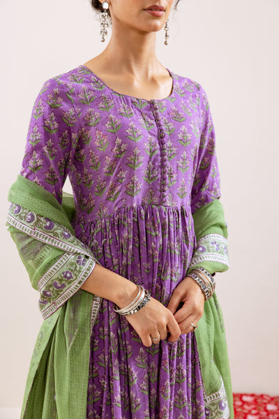 Bahara Purple Hand Block Anarkali Set