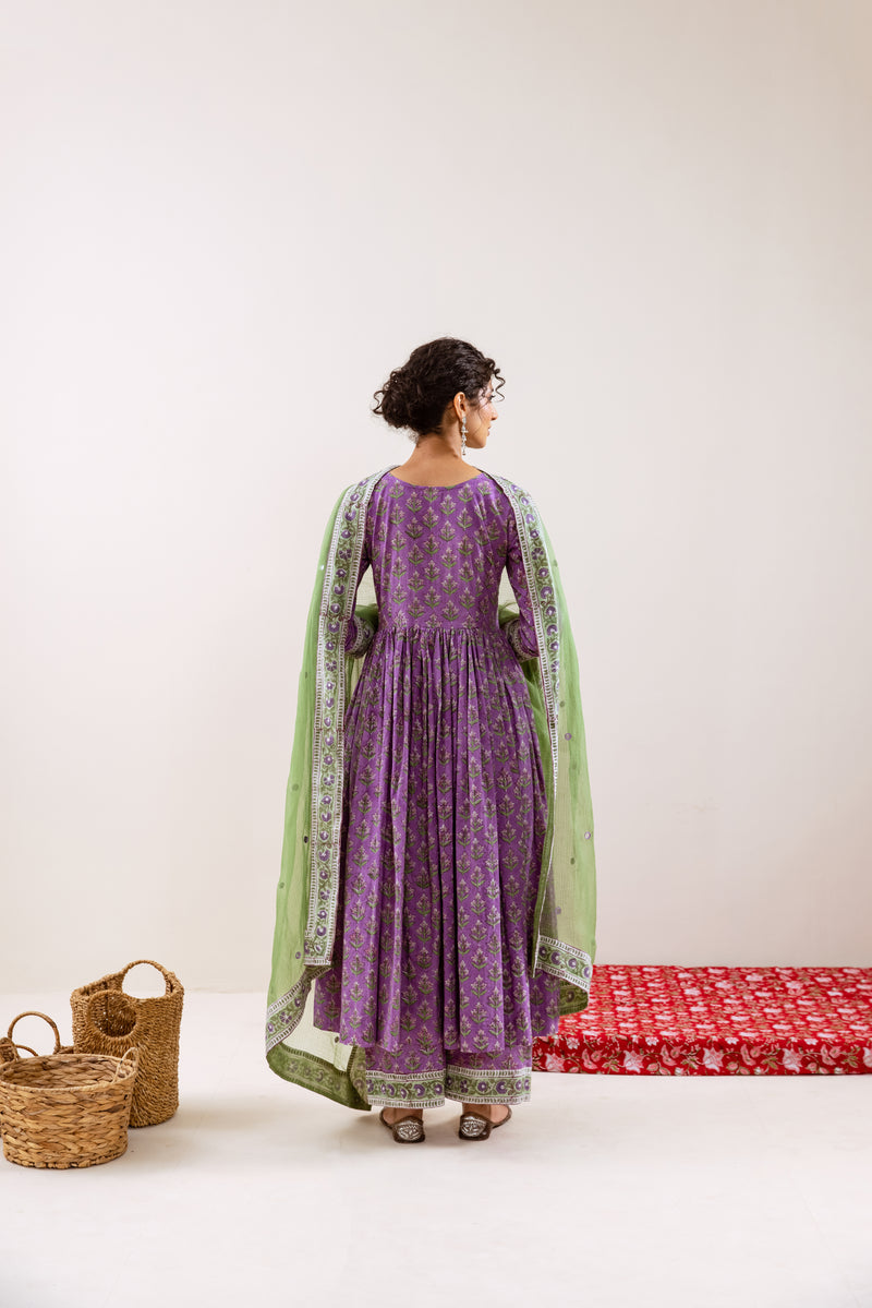 Bahara Purple Hand Block Anarkali Set