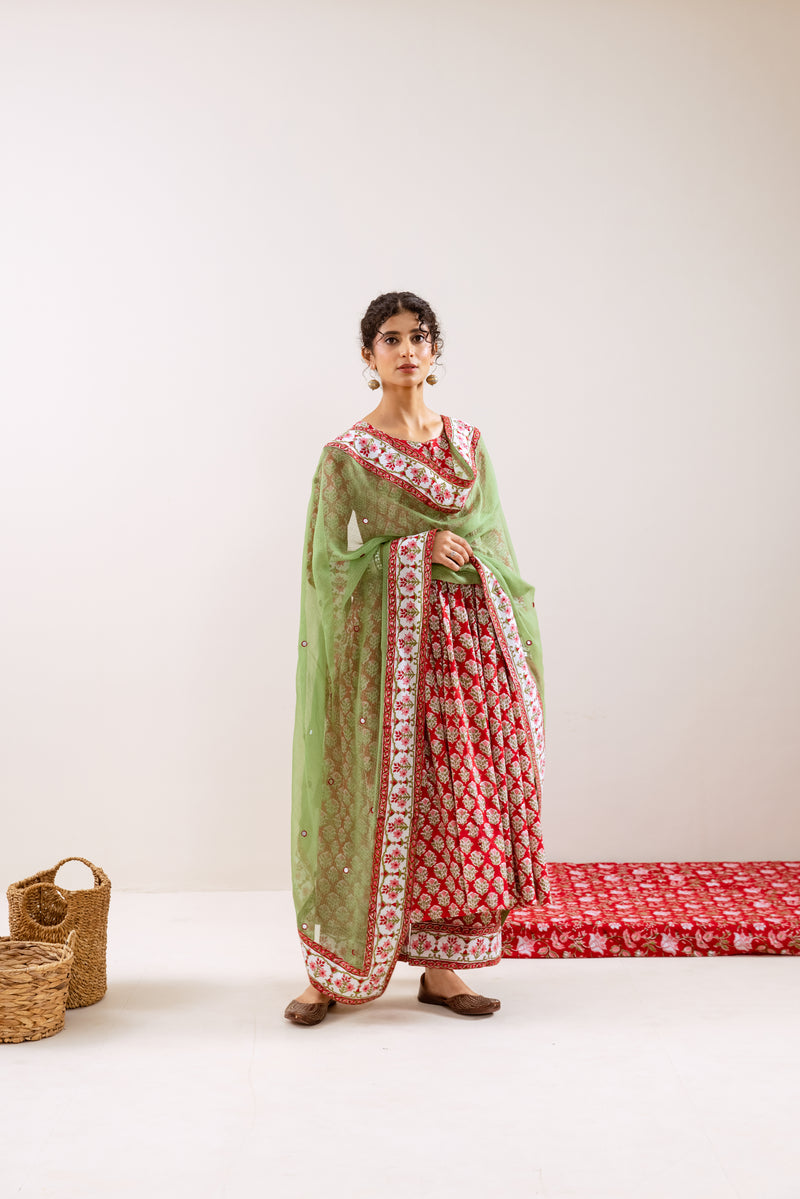 Bahara Red Hand Block Anarkali Set