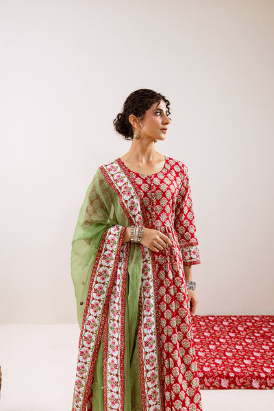 Bahara Red Hand Block Anarkali Set
