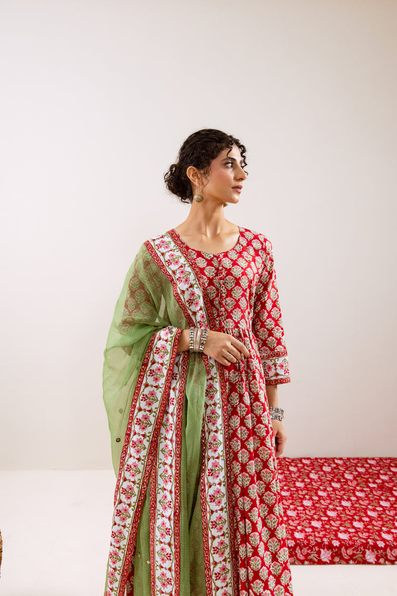 Bahara Red Hand Block Anarkali Set