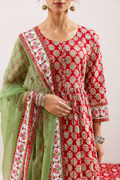 Bahara Red Hand Block Anarkali Set