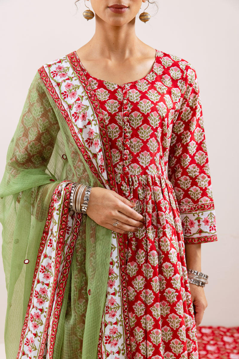 Bahara Red Hand Block Anarkali Set