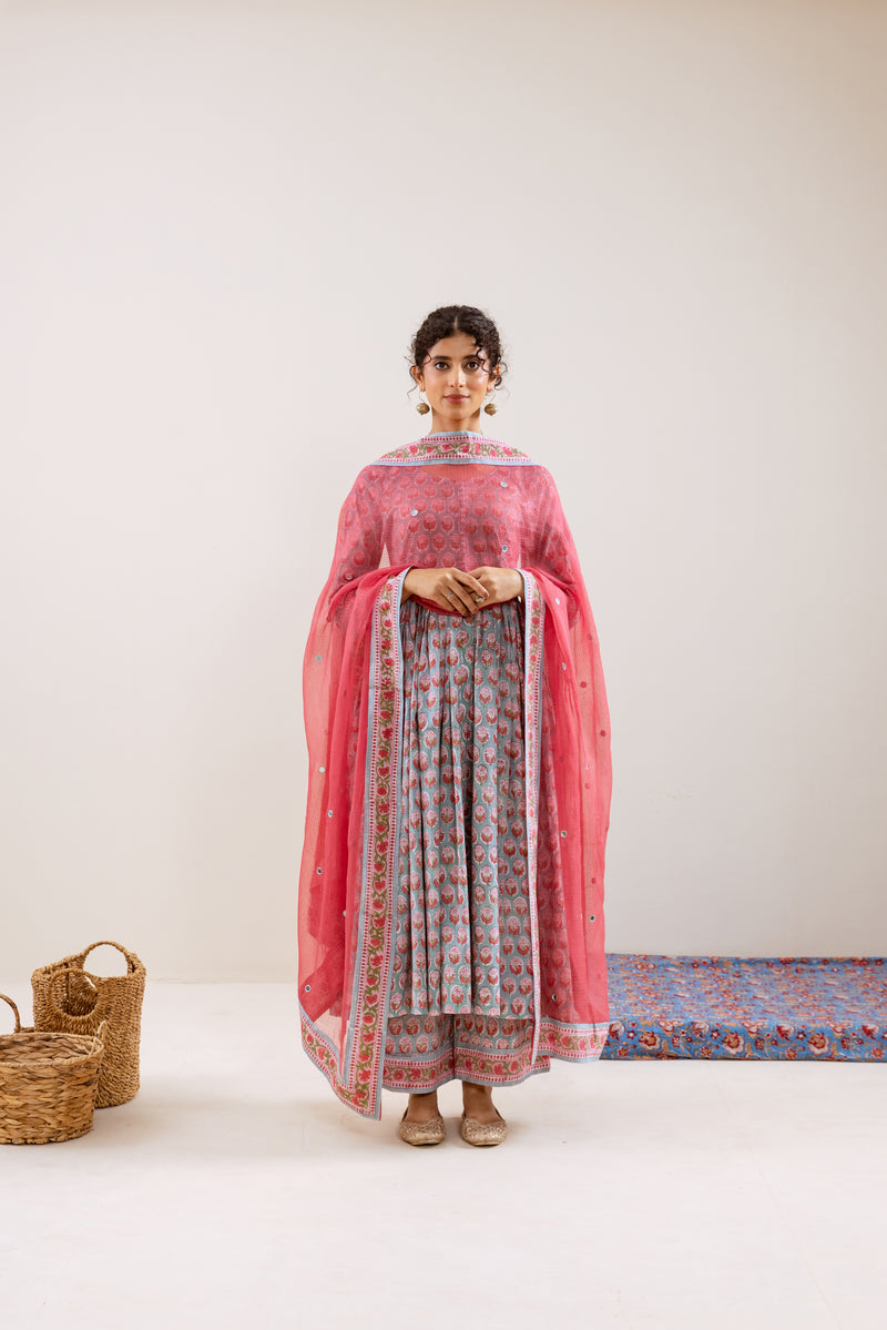 Bahara Pink Hand Block Anarkali Set