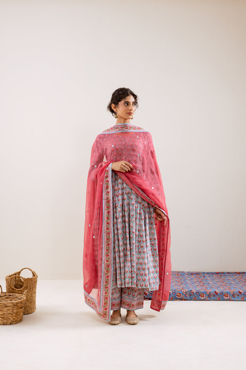 Bahara Pink Hand Block Anarkali Set