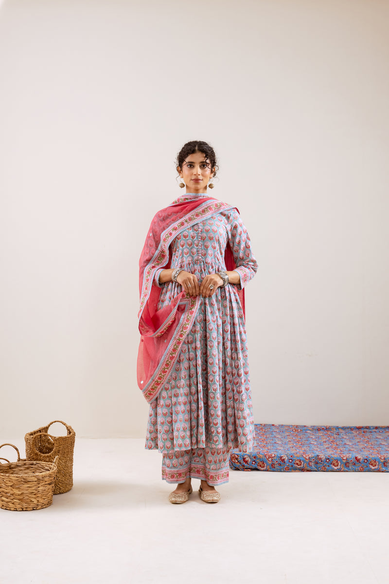 Bahara Pink Hand Block Anarkali Set