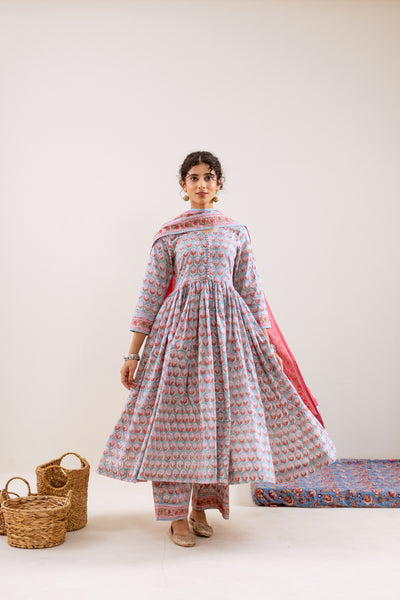 Bahara Pink Hand Block Anarkali Set