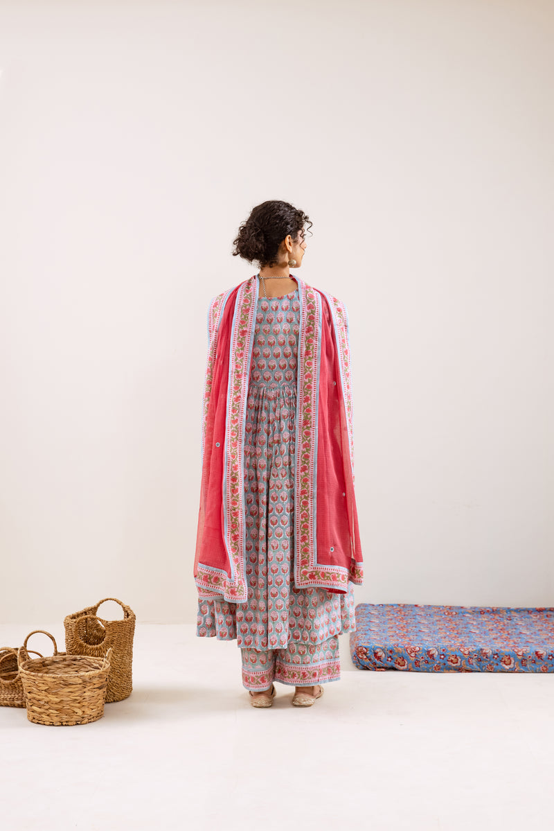 Bahara Pink Hand Block Anarkali Set