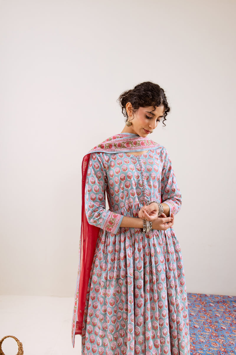 Bahara Pink Hand Block Anarkali Set