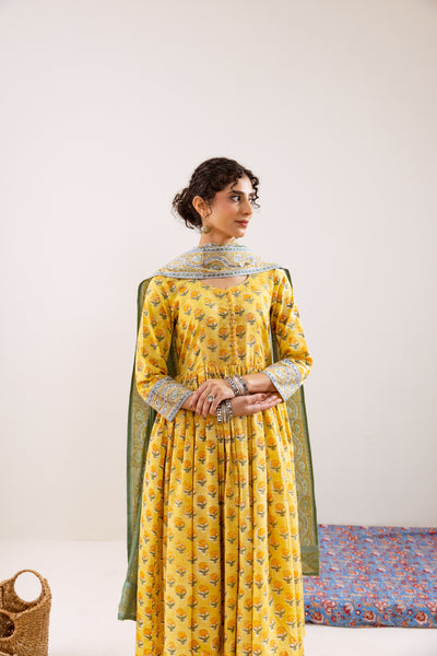 Bahara Yellow Hand Block Anarkali Set