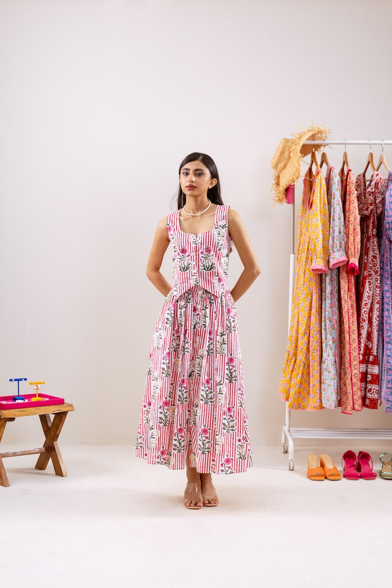 Red Stripe and Motif Skirt Co-ord Set