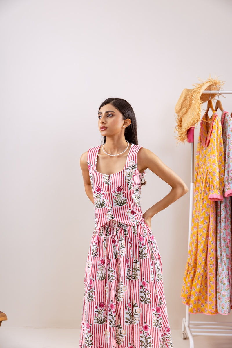 Red Stripe and Motif Skirt Co-ord Set