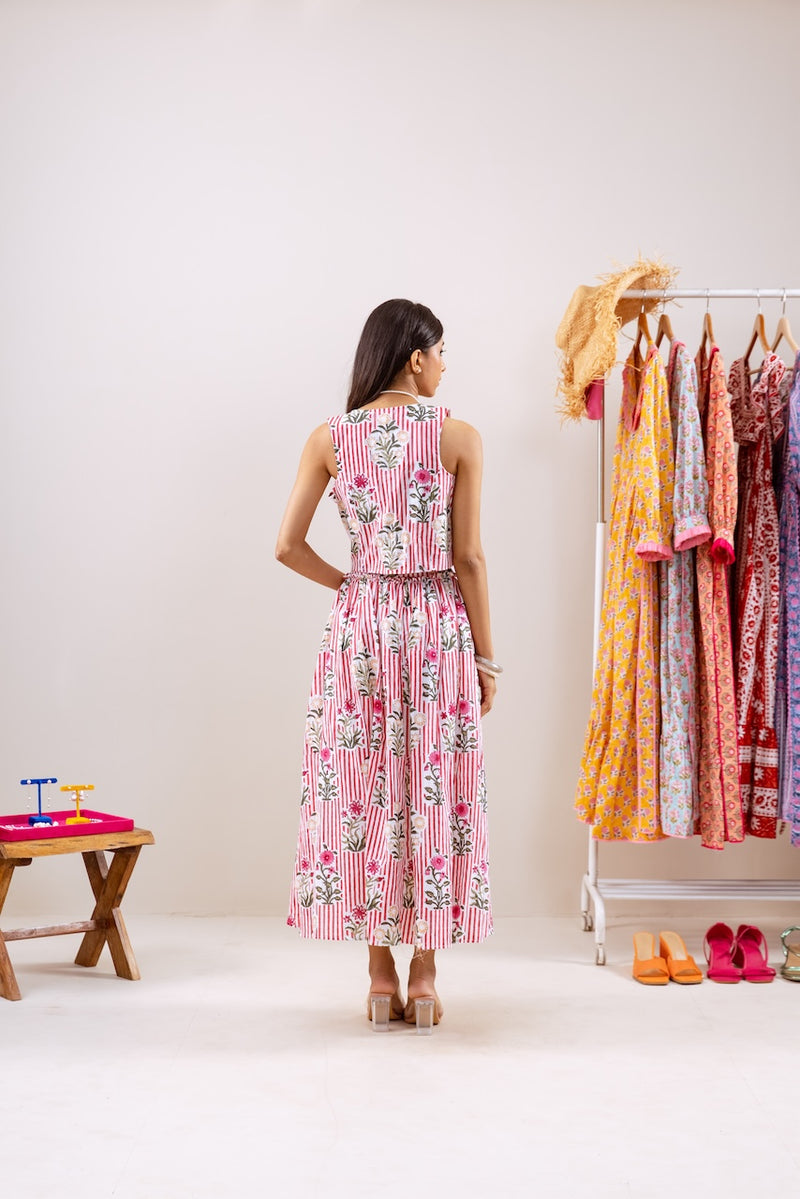 Red Stripe and Motif Skirt Co-ord Set
