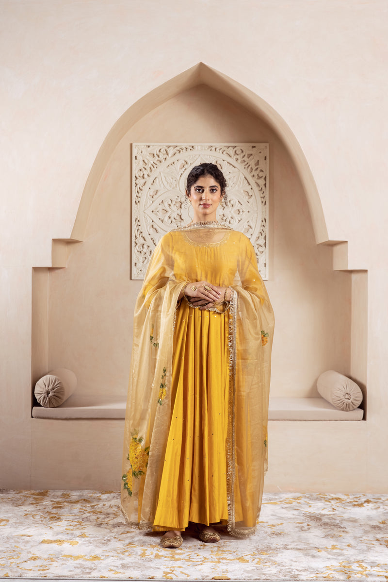 GULNAZ Mustard yellow hand painted Anarkali set