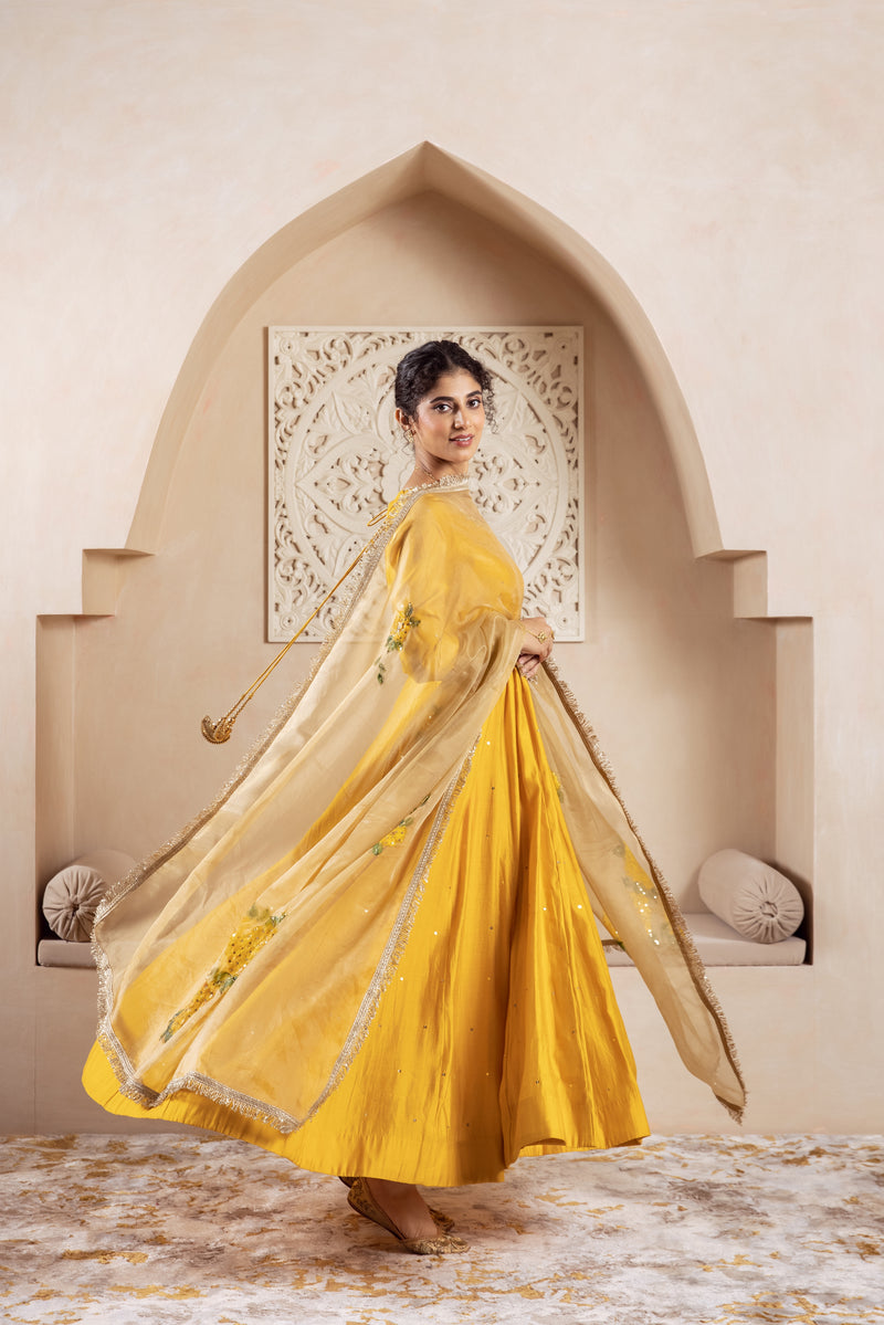 GULNAZ Mustard yellow hand painted Anarkali set