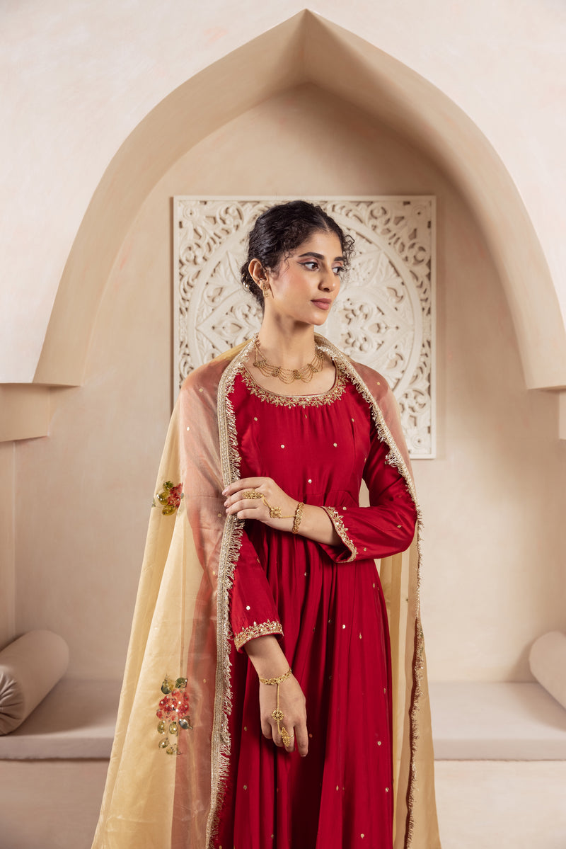 GULNAZ Maroon hand painted Anarkali set