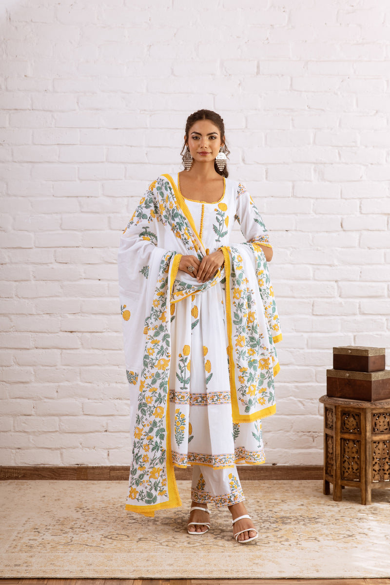 Haseena Yellow Hand Block Anarkali Set