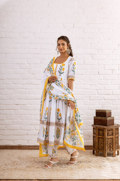 Haseena Yellow Hand Block Anarkali Set