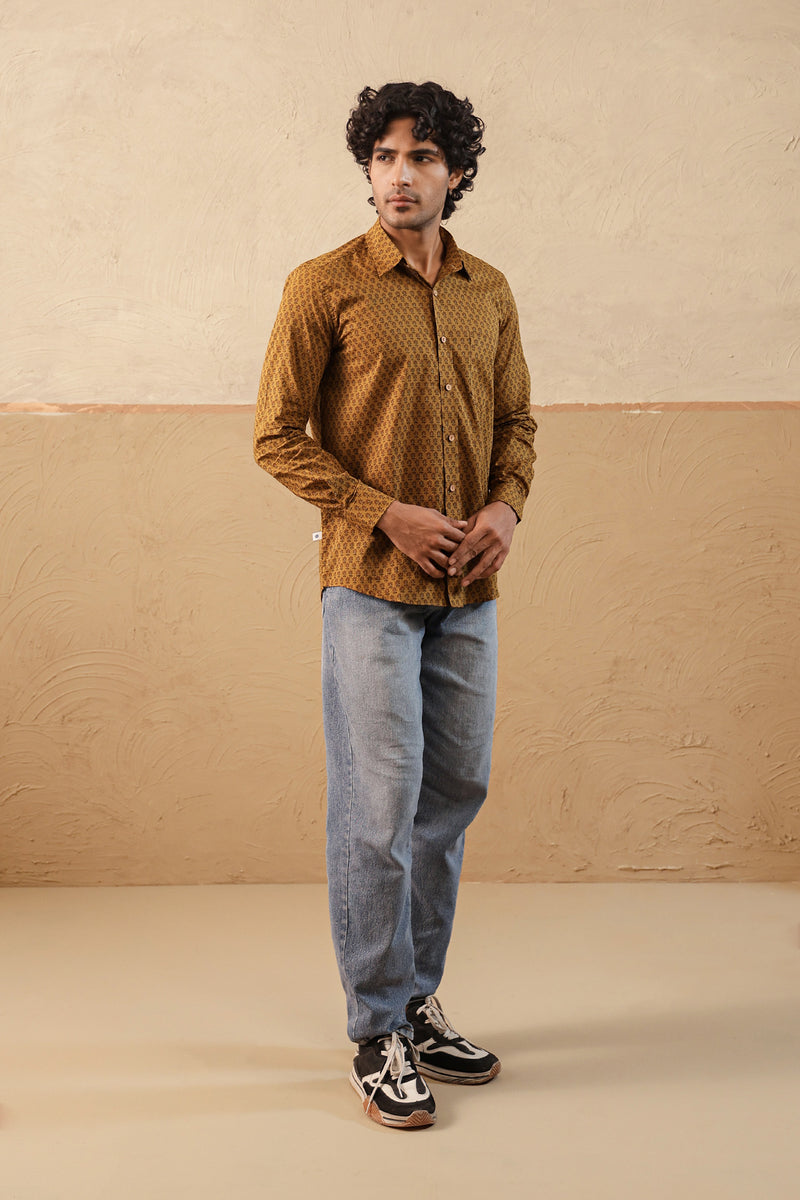 Mustard Brown Floral Buti Full Sleeve Shirt