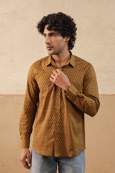 Mustard Brown Floral Buti Full Sleeve Shirt