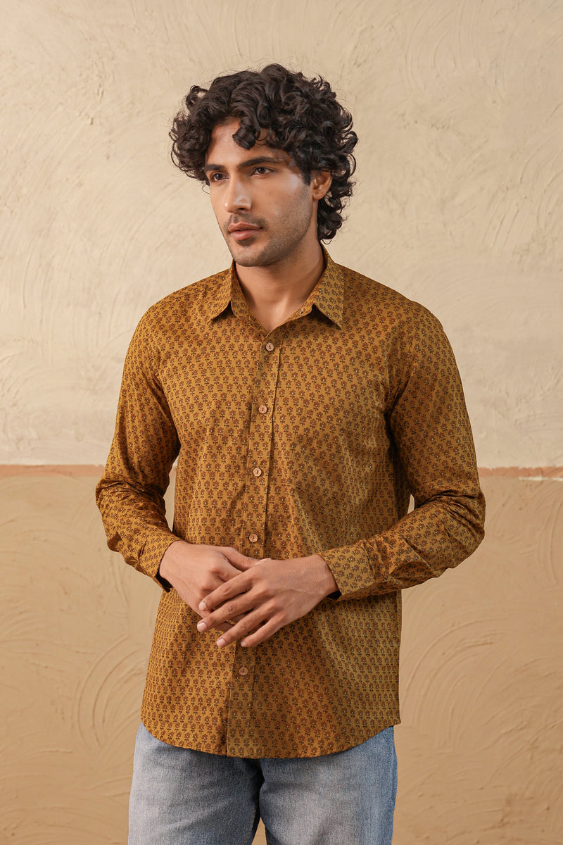Mustard Brown Floral Buti Full Sleeve Shirt
