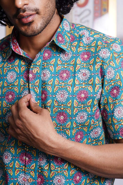 Turquoise Floral Persian Print Shirt