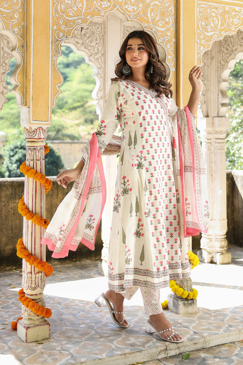 Pink Buti Mughal Angarakha Dress Set