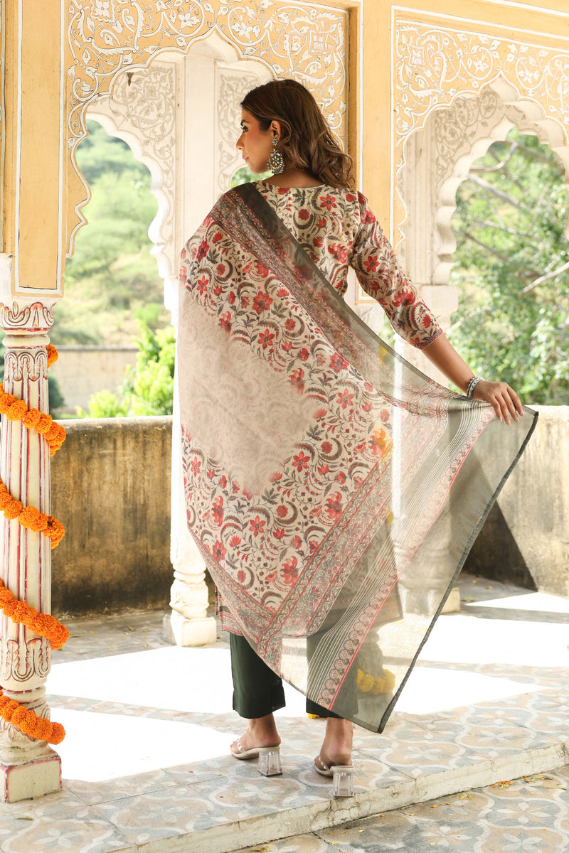 Beige Floral Chanderi Suit Set