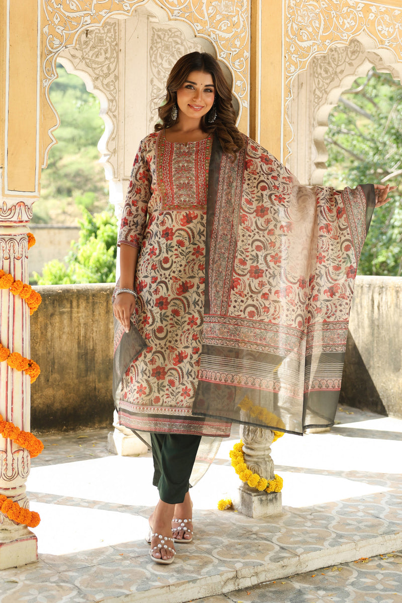 Beige Floral Chanderi Suit Set
