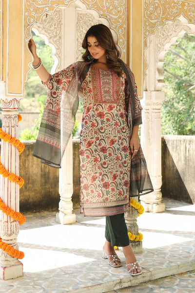Beige Floral Chanderi Suit Set