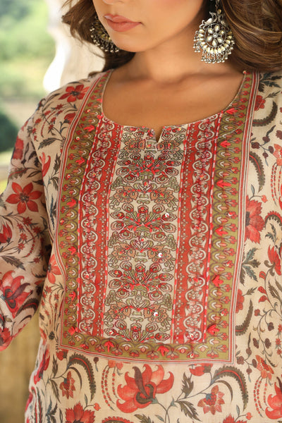 Beige Floral Chanderi Suit Set
