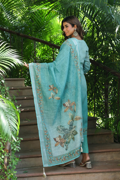 Turquoise Cotton Linen Suit Set