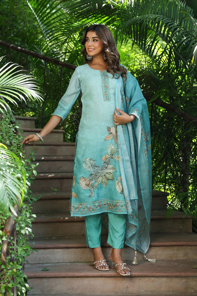 Turquoise Cotton Linen Suit Set