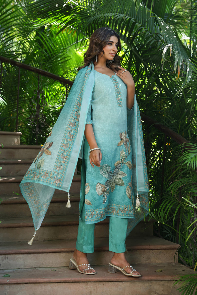 Turquoise Cotton Linen Suit Set