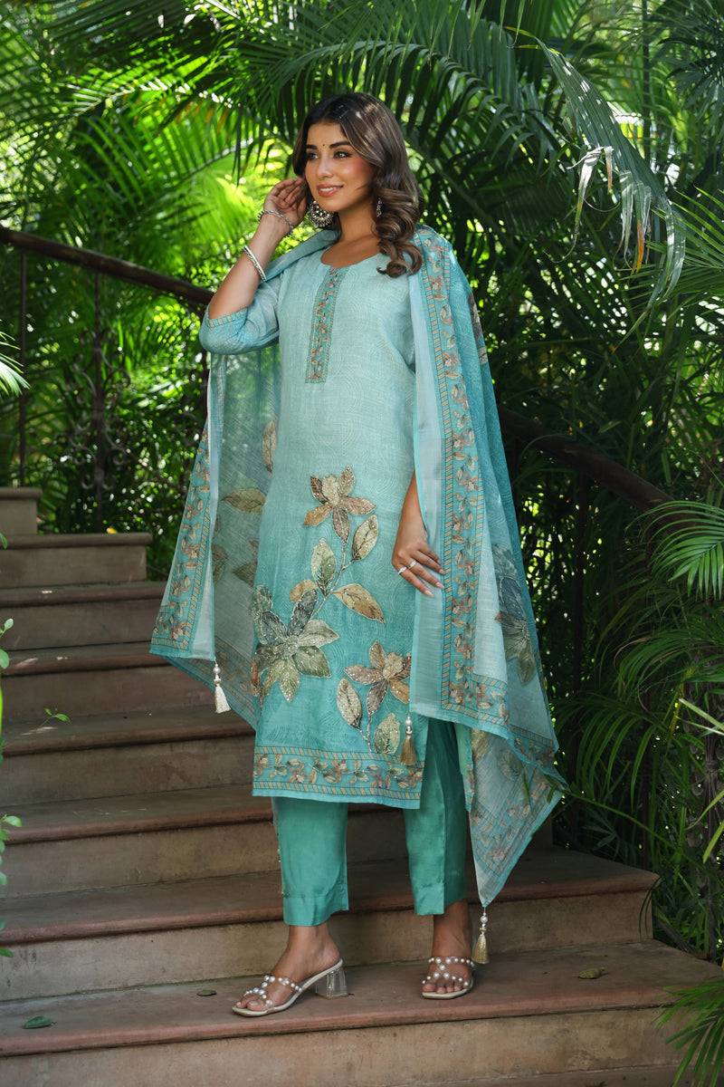 Turquoise Cotton Linen Suit Set