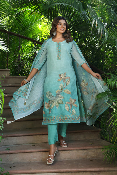 Turquoise Cotton Linen Suit Set