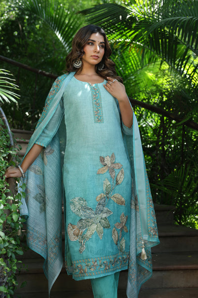 Turquoise Cotton Linen Suit Set