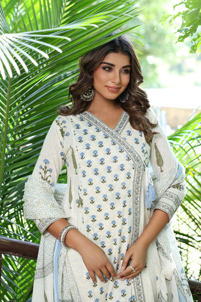 Blue Buti Mughal Angarakha Dress Set