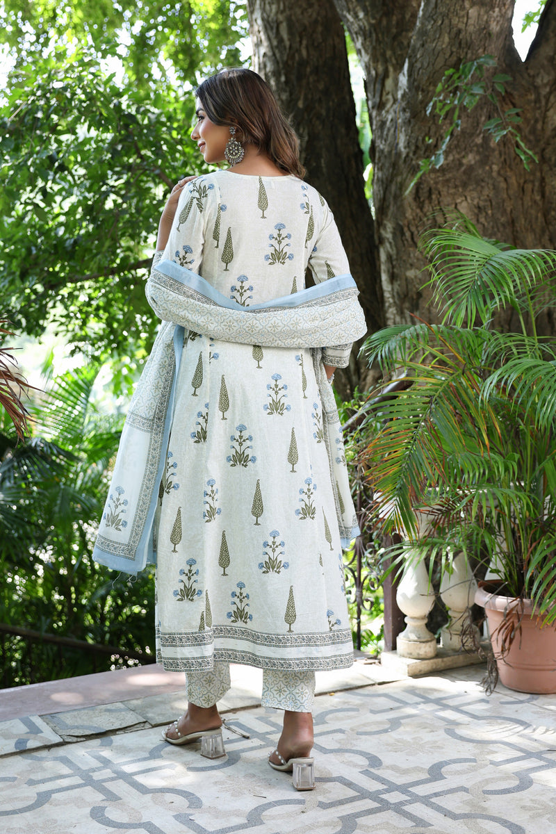 Blue Buti Mughal Angarakha Dress Set