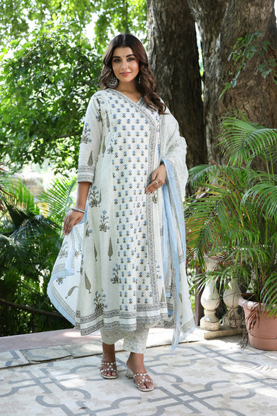 Blue Buti Mughal Angarakha Dress Set
