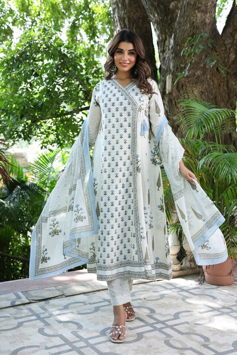 Blue Buti Mughal Angarakha Dress Set