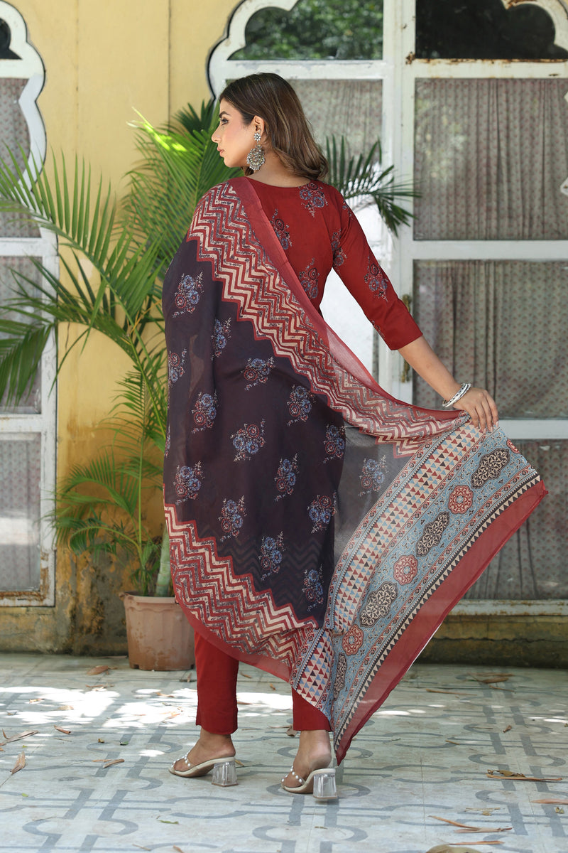 Madder Red Ajrakh Buta Kurta Set