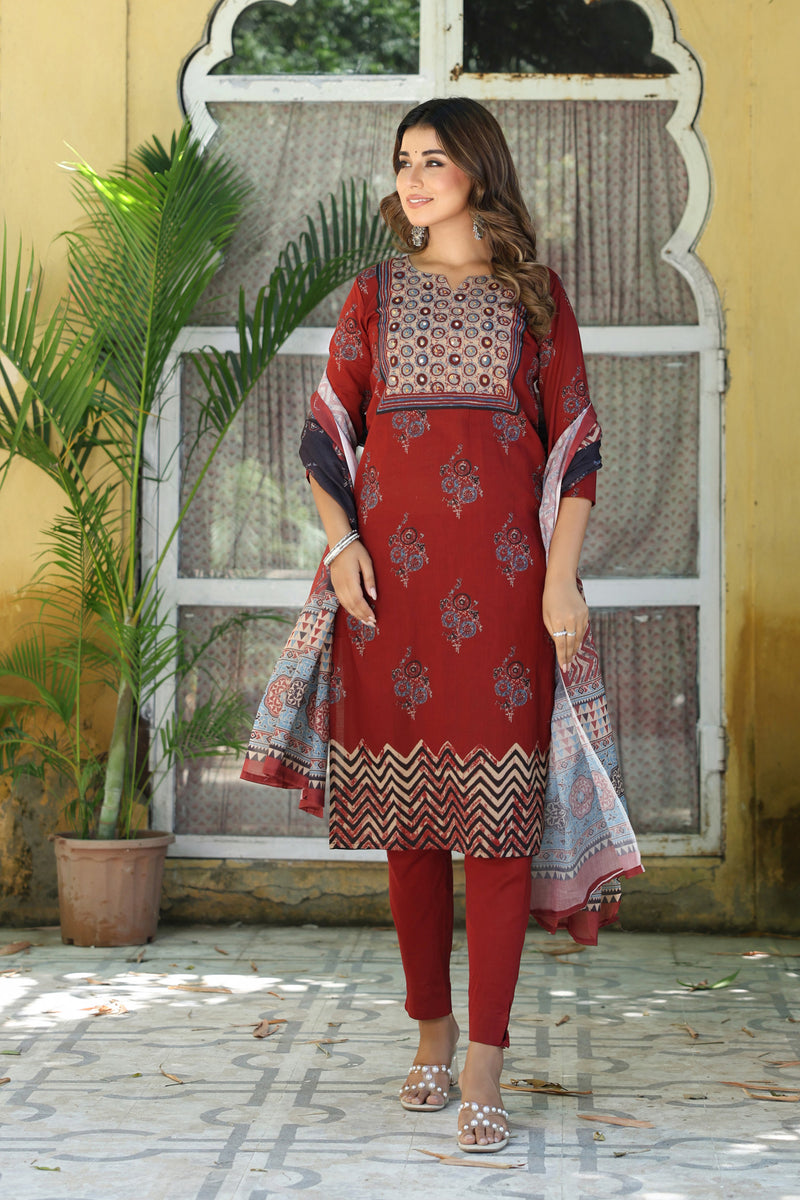 Madder Red Ajrakh Buta Kurta Set