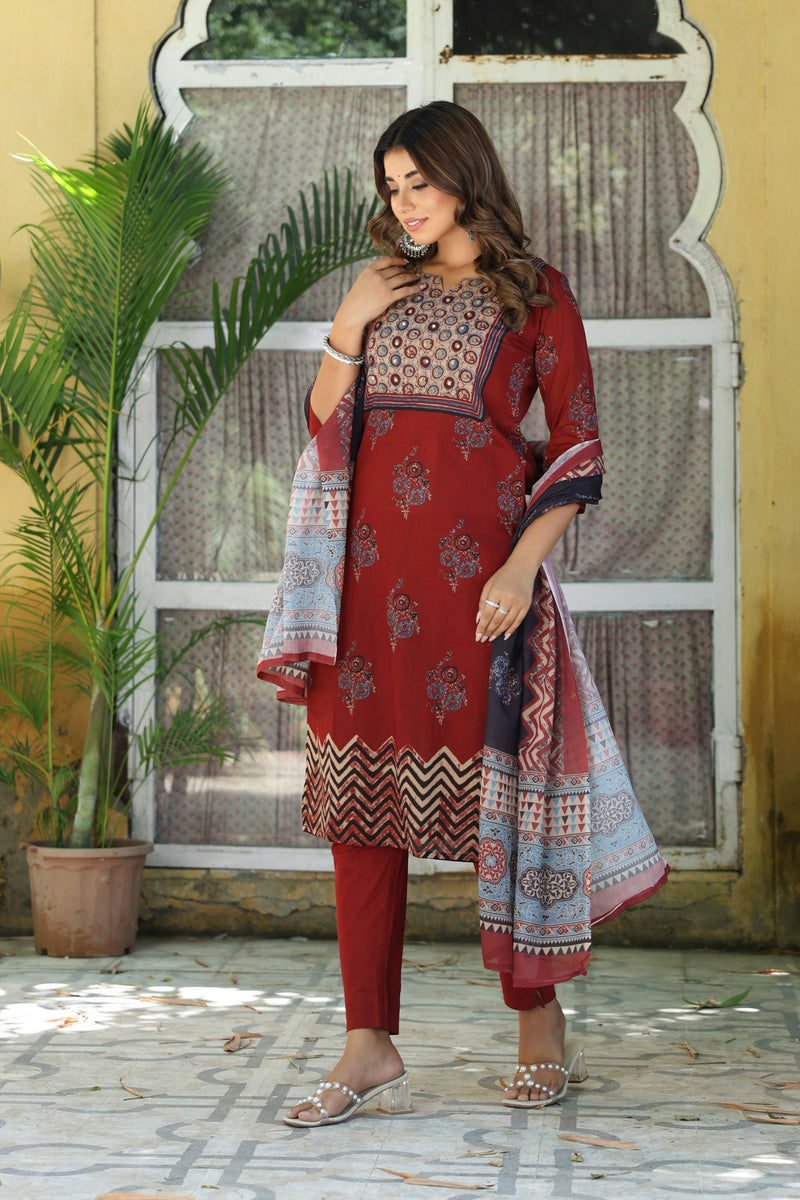 Madder Red Ajrakh Buta Kurta Set